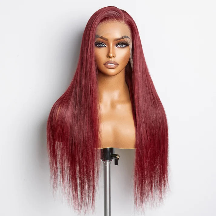 ROYAL 150% Density 13x4 Pre-Plucked Free Part Lace Frontal Wig Straight Burgundy