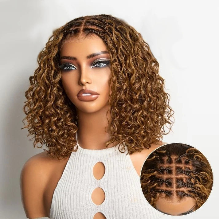 ROYAL 150% Density 5x5 Closure Lace with Boho Braids Pre-Cut Glueless Lace Wig Ombre Brown Highlight Curly