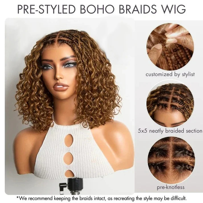 ROYAL 150% Density 5x5 Closure Lace with Boho Braids Pre-Cut Glueless Lace Wig Ombre Brown Highlight Curly
