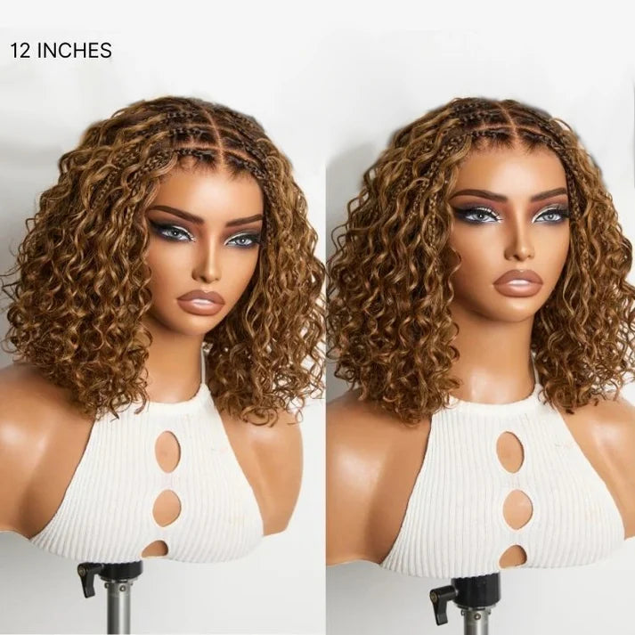 ROYAL 150% Density 5x5 Closure Lace with Boho Braids Pre-Cut Glueless Lace Wig Ombre Brown Highlight Curly
