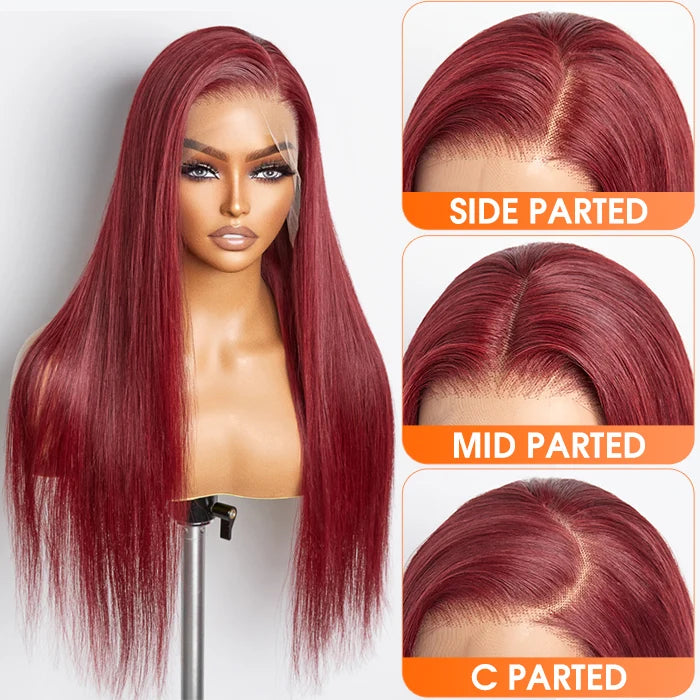 ROYAL 150% Density 13x4 Pre-Plucked Free Part Lace Frontal Wig Straight Burgundy