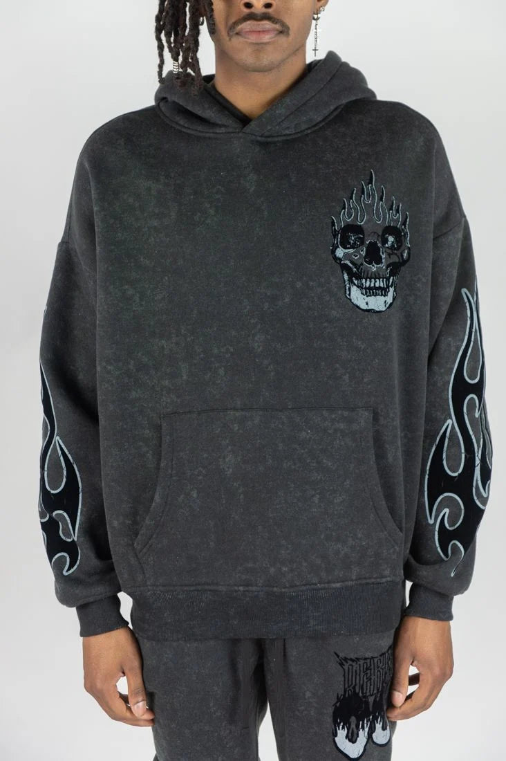 FLAME SKULL ACID WASHED HOODIE SET