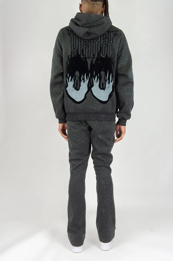FLAME SKULL ACID WASHED HOODIE SET